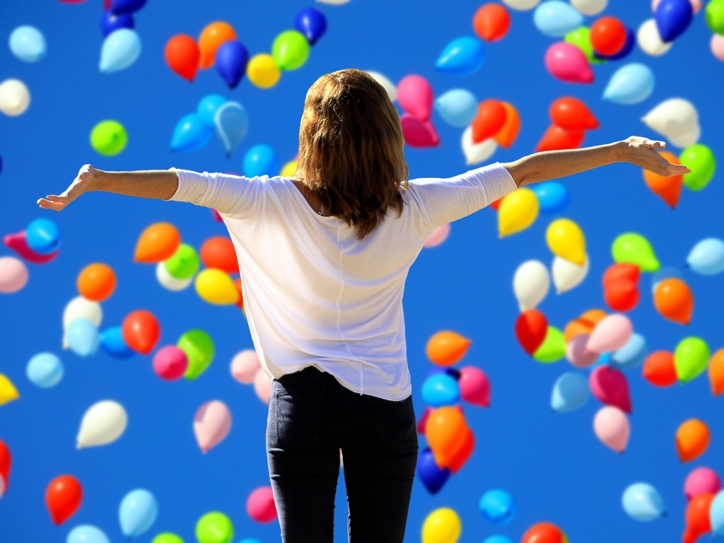 balloons falling, lady with joy