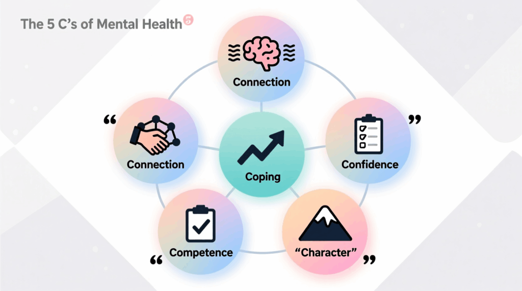 Discover the 5 C’s of mental health—Connection, Coping, Confidence, Competence, and Character—and learn how they build emotional resilience and long-term well-being